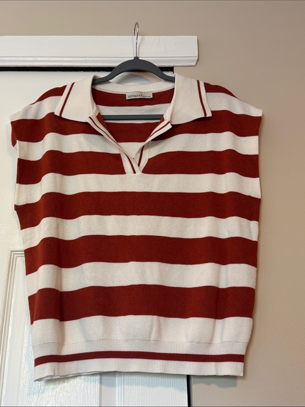 Zenana Outfitters Rust & White Striped V-Neck Polo Sweater